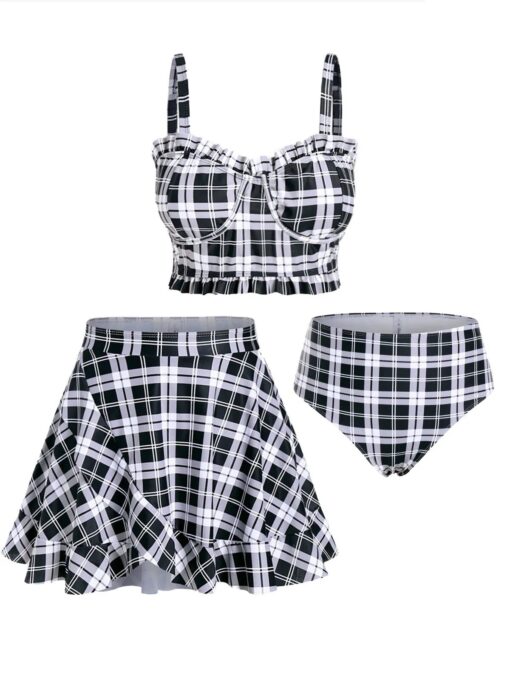 ROSEGAL Plus Size Padded Plaid Three Piece Swimwear Women Tankini Top Briefs And Skirt Fashion High