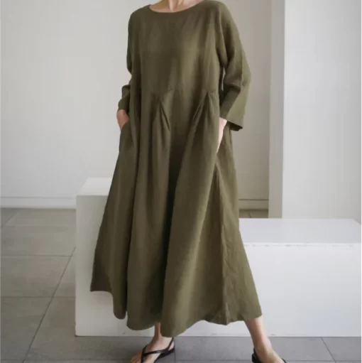 Relaxed Oversize Women s Dress Fashion Pleated Round Neck Pullover Solid Color Large Hem Skirt Side 3