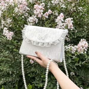 Retro Crossbody Bags for Women Vintage Lace Pearl Chain Ladies Small Square Shoulder Bag Female Clutch