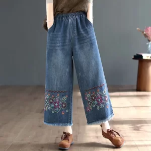 Retro National Style High Waist Embroidered Jeans Female Spring Autumn New Loose Wide Leg Denim Trousers 1