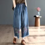 Retro National Style High Waist Embroidere Jeans Female