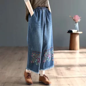 Retro National Style High Waist Embroidered Jeans Female Spring Autumn New Loose Wide Leg Denim Trousers 2