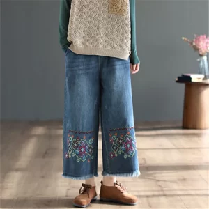 Retro National Style High Waist Embroidered Jeans Female Spring Autumn New Loose Wide Leg Denim Trousers 3