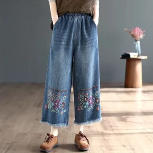 Retro National Style High Waist Embroidered Jeans Female Spring Autumn New Loose Wide Leg Denim Trousers 4