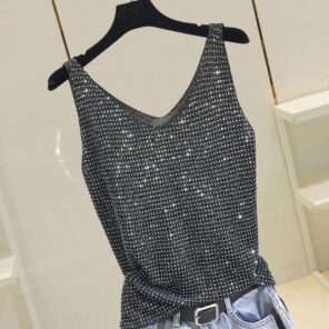 Rhinestone Knit Bottoming Shirt Sleeveless Bright Silk Vest Tops for Women 2021