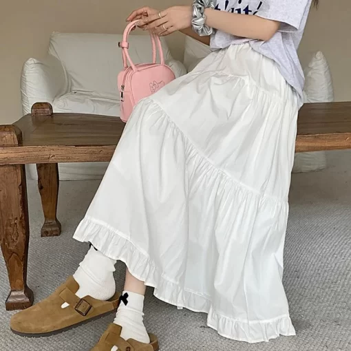 Rimocy Korean Fashion White Long Skirt Women 2024 Summer High Waist Cake Skirts Woman Sweet Simple 1