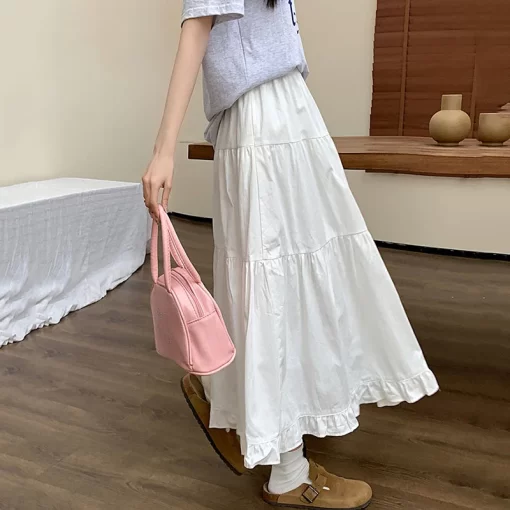 Rimocy Korean Fashion White Long Skirt Women 2024 Summer High Waist Cake Skirts Woman Sweet Simple 2