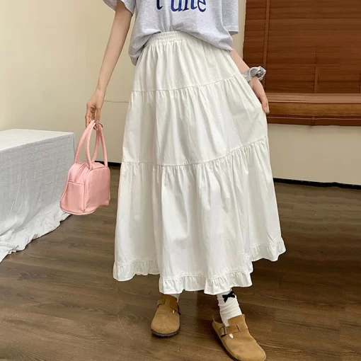 Rimocy Korean Fashion White Long Skirt Women 2024 Summer High Waist Cake Skirts Woman Sweet Simple 5