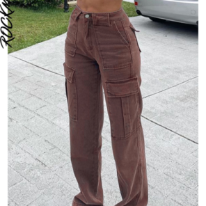 Rockmore Brown Vintage Baggy Jeans Women 90s Streetwear Pockets Wide Leg Cargo Pants Low Waist Straight 1.png 640x640 1
