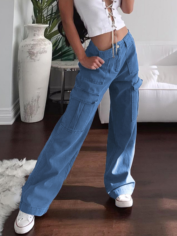 Rockmore Brown Vintage Baggy Jeans Women 90s Streetwear Pockets Wide Leg Cargo Pants Low Waist Straight 4