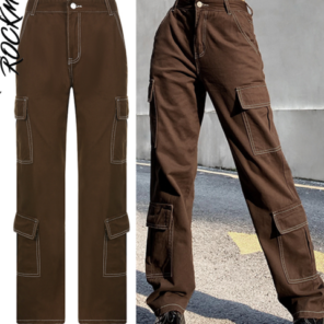 Rockmore Brown Vintage Baggy Jeans Women 90s Streetwear Pockets Wide Leg Cargo Pants Low Waist Straight 4.png 640x640 4