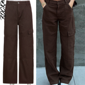 Rockmore Brown Vintage Baggy Jeans Women 90s Streetwear Pockets Wide Leg Cargo Pants Low Waist Straight 5.png 640x640 5