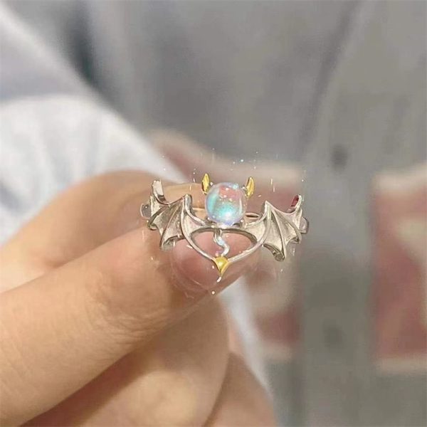 Romantic Angel and Demon Wings Couple Rings For Women Goth Fashion Moonstone Adjustable Opening Finger Men