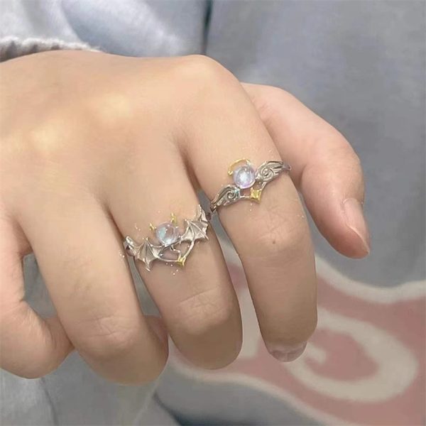 Romantic Angel and Demon Wings Couple Rings For Women Goth Fashion Moonstone Adjustable Opening Finger Men