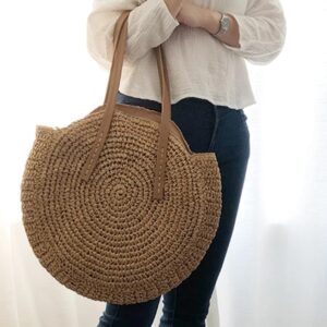 Round Straw Beach Bag Vintage Handmade Woven Shoulder Bag Raffia Circle Rattan Bags Bohemian Summer Vacation