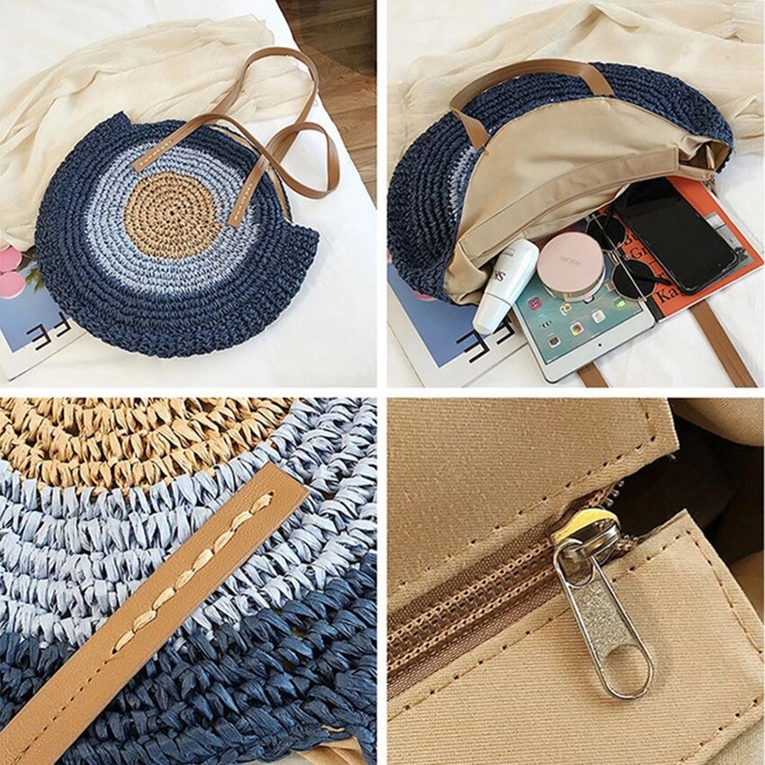 Round Straw Beach Bag Vintage Handmade Woven Shoulder Bag Raffia Circle Rattan Bags Bohemian Summer Vacation 3