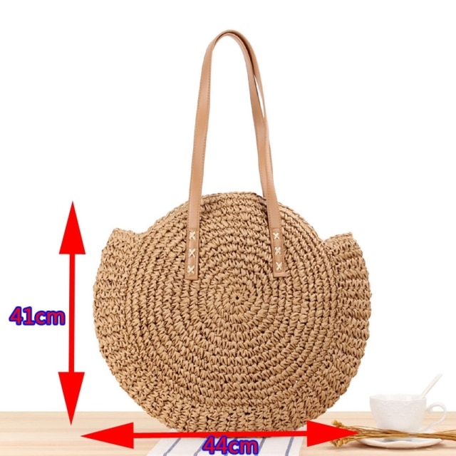 Round Straw Beach Bag Vintage Handmade Woven Shoulder Bag Raffia Circle Rattan Bags Bohemian Summer Vacation 4.jpg 640x640 4