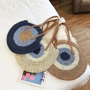 Round Straw Beach Bag Vintage Handmade Woven Shoulder Bag Raffia Circle Rattan Bags Bohemian Summer Vacation