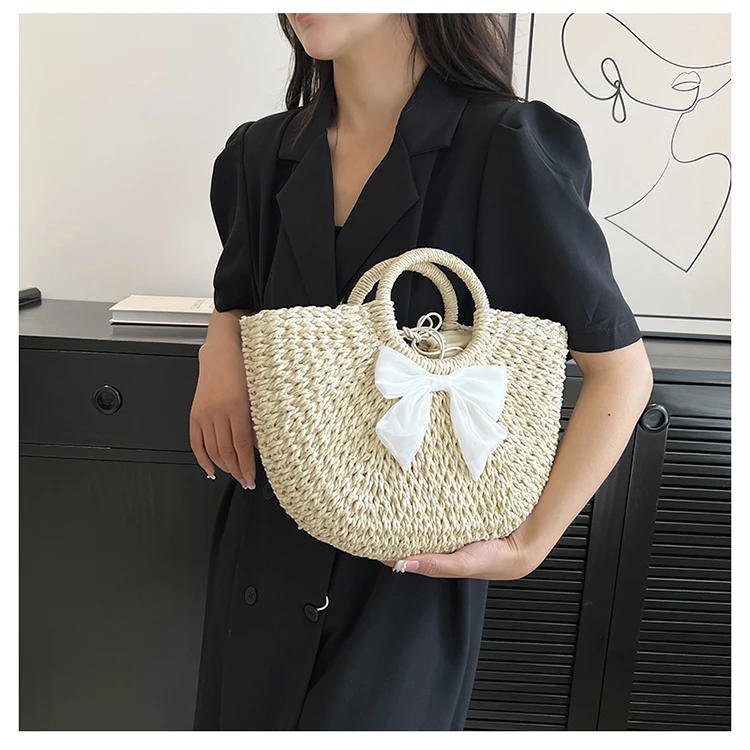 Lace Bow Rattan Bag: Hand-Woven Moon Shape Straw Handbag - Akolzol.com