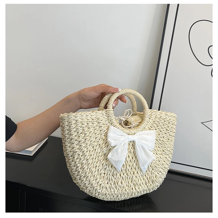 Lace Bow Rattan Bag: Hand-Woven Moon Shape Straw Handbag - Akolzol.com