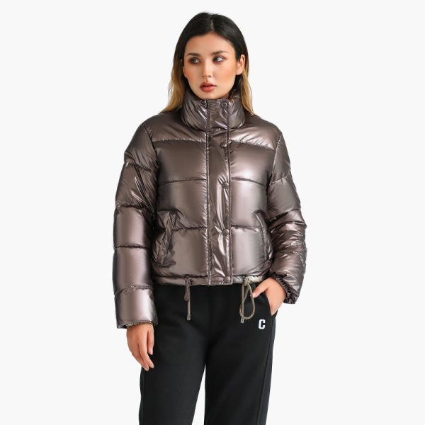 SANTELON Winter Thick Parka Short Padded Puffer Jacket Coat For Women Fashion Solid Golden Grey Outdoor