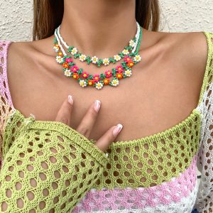 Salircon Trend Bohemia Rainbow Color Seed Beads Chain Choker Necklace For Women Korean Fashion Small Flowers