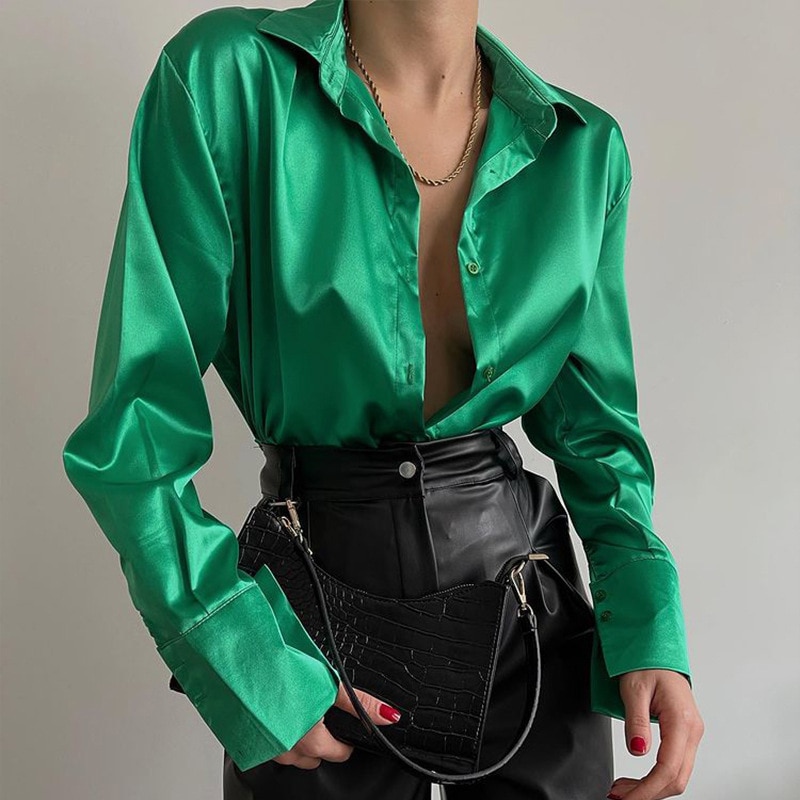 Satin Long Sleeve Blouses Women 2022 Vintage Blue Green Silk Shirt Women Casual Loose Button Up 1