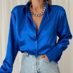 Satin Long Sleeve Blouses Women 2022 Vintage Blue