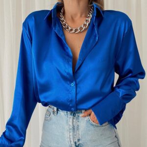 Satin Long Sleeve Blouses Women 2022 Vintage Blue Green Silk Shirt Women Casual Loose Button Up