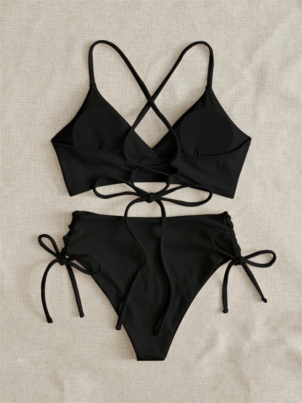 Sexy Bikini Women Swimsuit 2022 New Black Lace Up Ribbed Swimwear High Waist Bikinis Set Summer 1