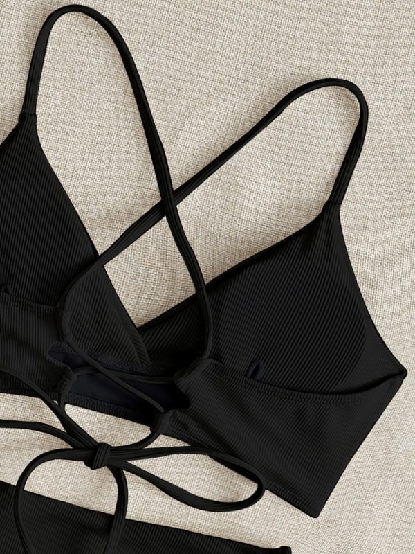 Sexy Bikini Women Swimsuit 2022 New Black Lace Up Ribbed Swimwear High Waist Bikinis Set Summer 3