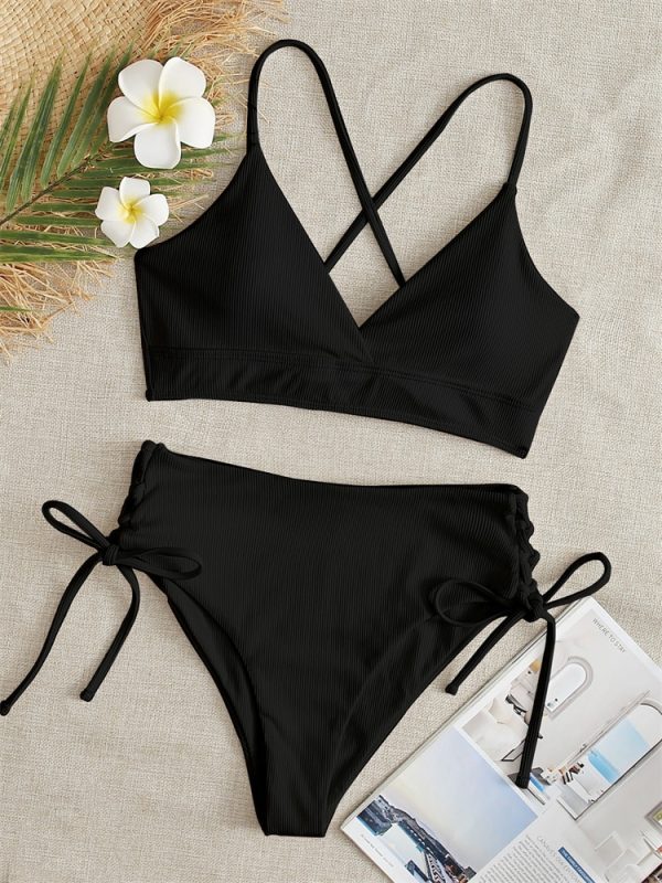 Sexy Bikini Women Swimsuit 2022 New Black Lace Up Ribbed Swimwear High Waist Bikinis Set Summer