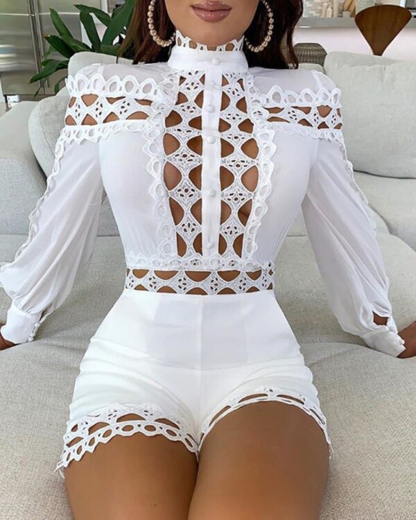 Sexy Hollow Out Playsuits for Women Summer Long Sleeve Skinny Nightclub Overall Fashion Woman Clothing 2