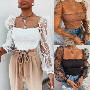 Sexy Mesh See through Women Blouse Square Neck Polka Dot Puff Tube Top Sheer Long Sleeve 1