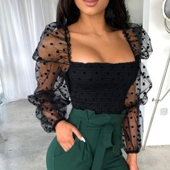 Sexy Mesh See through Women Blouse Square Neck Polka Dot Puff Tube Top Sheer Long Sleeve