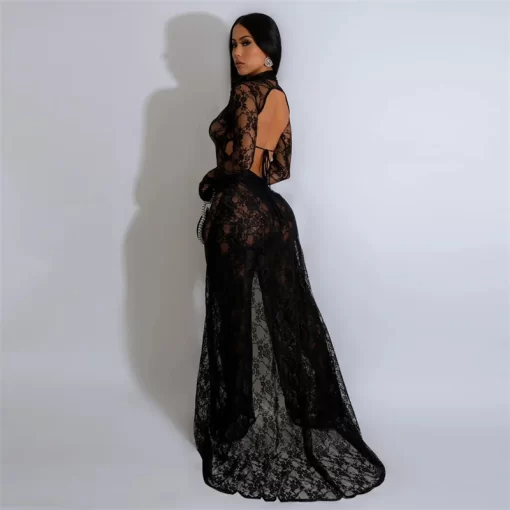 Sexy See Through Floral Lace Jumpsuit Women Long Sleeve Loose Wide Leg Rompers Backless Night Club 1