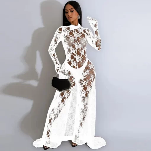 Sexy See Through Floral Lace Jumpsuit Women Long Sleeve Loose Wide Leg Rompers Backless Night Club 2