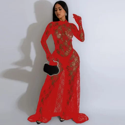 Sexy See Through Floral Lace Jumpsuit Women Long Sleeve Loose Wide Leg Rompers Backless Night Club 3