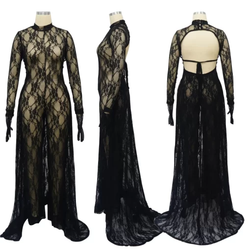 Sexy See Through Floral Lace Jumpsuit Women Long Sleeve Loose Wide Leg Rompers Backless Night Club 5