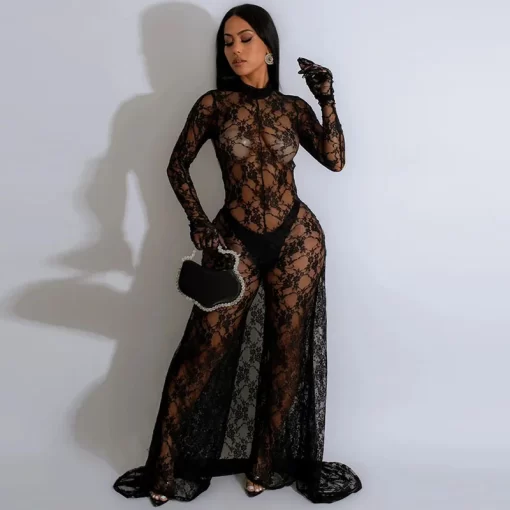 Sexy See Through Floral Lace Jumpsuit Women Long Sleeve Loose Wide Leg Rompers Backless Night Club