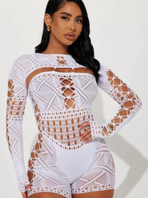 Sexy See Through Mesh Playsuit Women Rompers Long Sleeve Hollow Out Skinny Night Club Outfit One 4