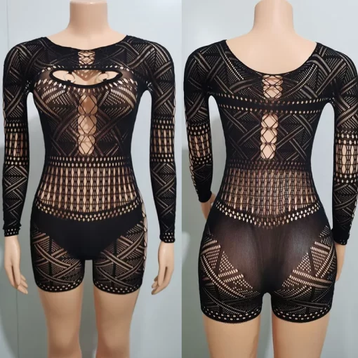 Sexy See Through Mesh Playsuit Women Rompers Long Sleeve Hollow Out Skinny Night Club Outfit One 5