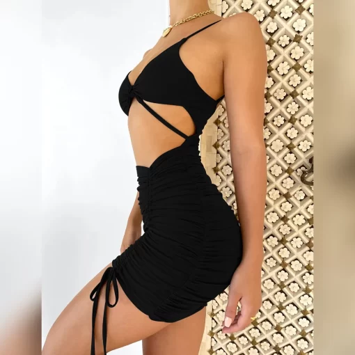 Sexy Spaghetti Strap String Cross Bodycon Dress for Women Solid Backless Cut out Night Club Dress 1