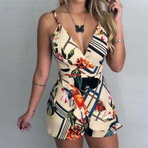 Sexy V neck Spaghetti Strap Floral Print Women Short Romper Playsuit Female Beach Ruffle Sleeveless 2021