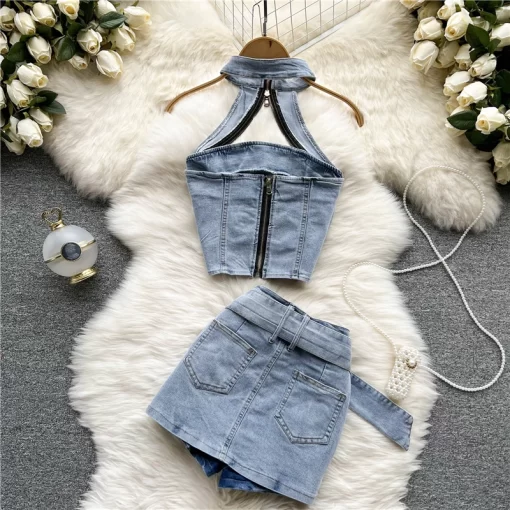 Sexy Women Summer Denim Jeans Halter Tops Mini Skirt Outfits Suits Backless Sashes Chic Style Bodycon 2