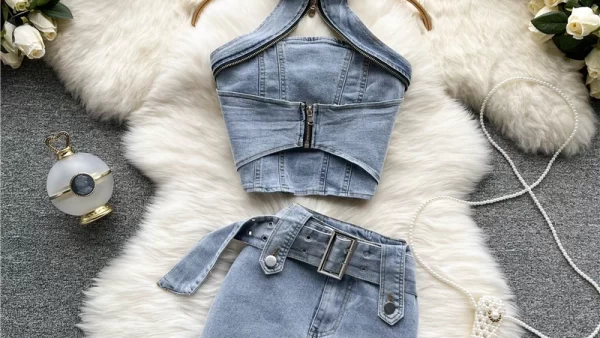 Sexy Women Summer Denim Jeans Halter Tops Mini Skirt Outfits Suits Backless Sashes Chic Style Bodycon