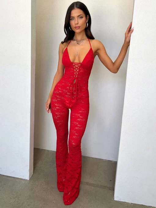 Sibybo Sexy Lace Hollow Out See Through Jumpsuits Solid Color Halter Backless Skinny Flared Trousers 2024 2