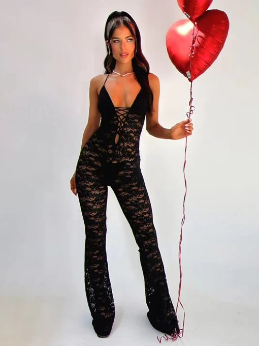Sibybo Sexy Lace Hollow Out See Through Jumpsuits Solid Color Halter Backless Skinny Flared Trousers 2024 3
