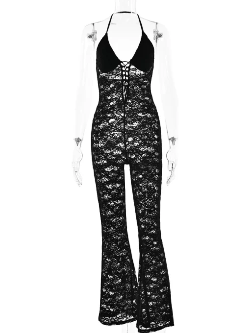 Sibybo Sexy Lace Hollow Out See Through Jumpsuits Solid Color Halter Backless Skinny Flared Trousers 2024 5