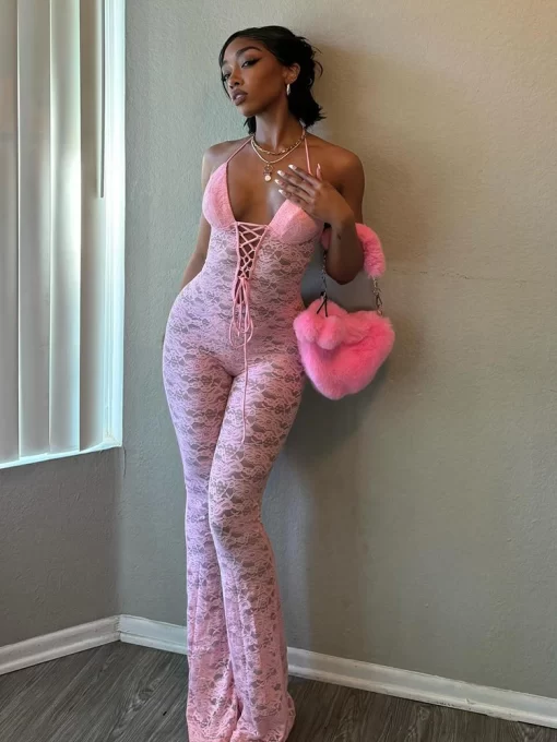 Sibybo Sexy Lace Hollow Out See Through Jumpsuits Solid Color Halter Backless Skinny Flared Trousers 2024